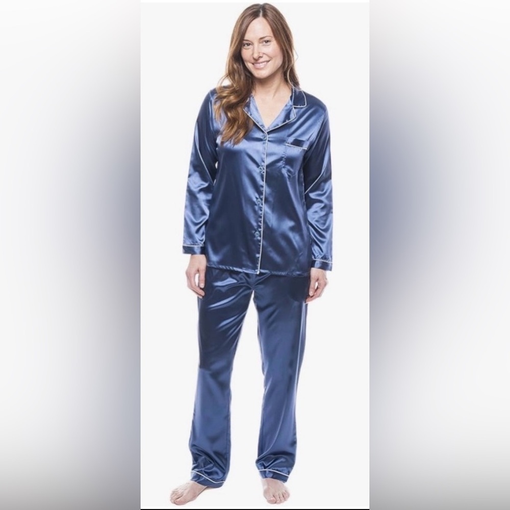Satin Pajama Set in Blue/White Trim NWT